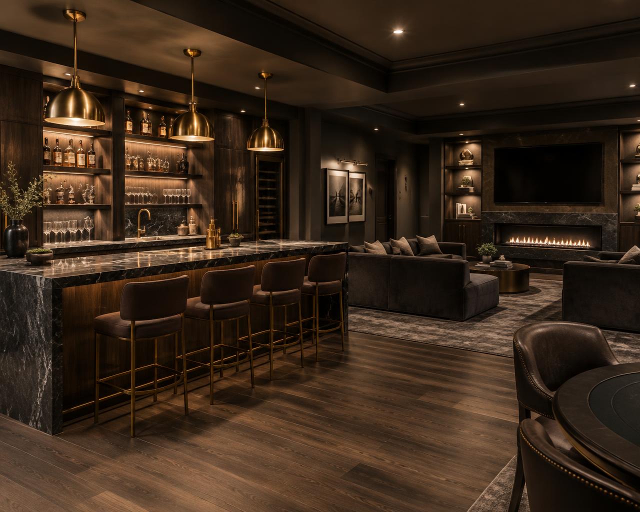 Finished basement with walnut wet bar and entertainment wall